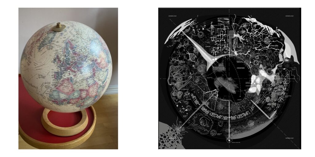 Cartographic globus compared to a gaiagraphic map
The globus is political
Gaiagraphy is biospherical